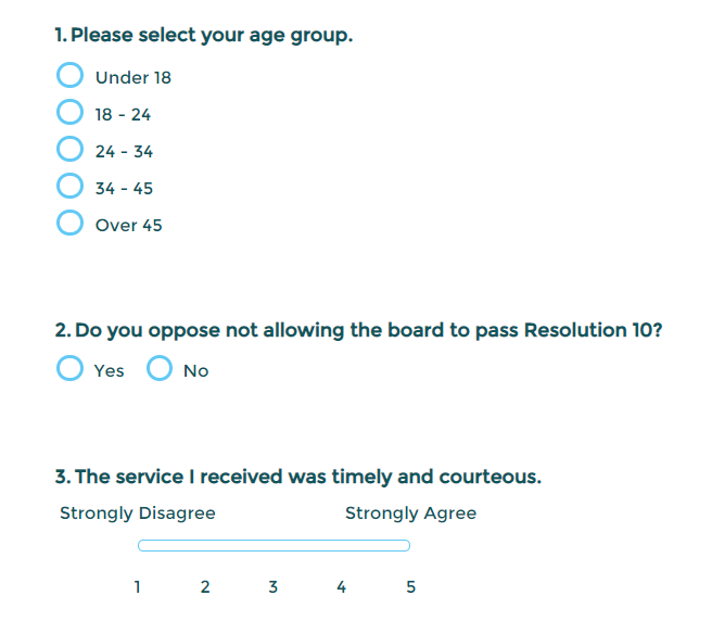 A user survey, with question two improperly phrased as "Do you oppose not allowing the board to pass Resolution 10?"